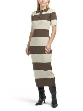 IDEM DITTO Ribbed Striped Polo Sweater Midi Dress